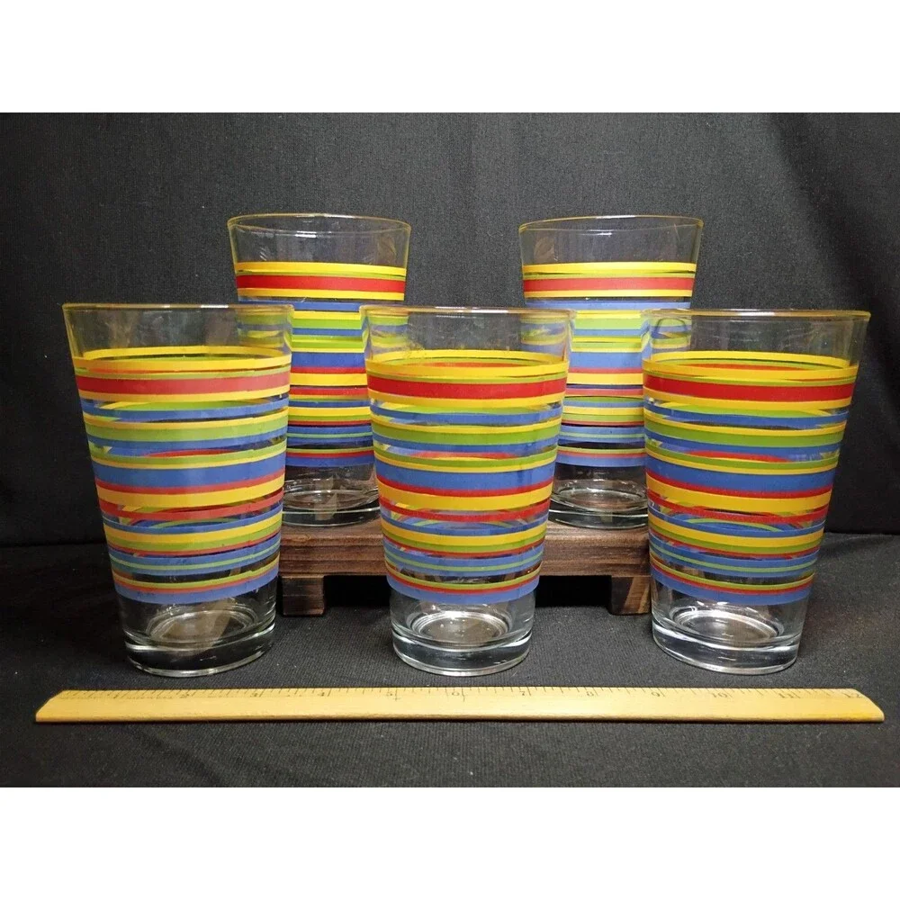 Vintage Libbey Mambo Fiesta Rainbow Stripe 16oz Tumblers Set of 5 Retro